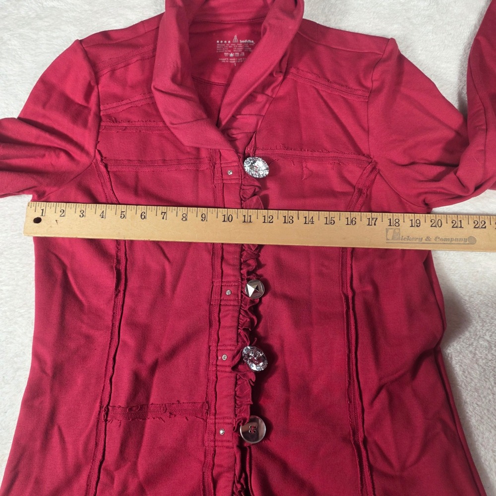 Neon Buddha Ruffle Button Up Red Jacket Women L Unique Buttons Boho Lagenlook - Picture 4 of 8